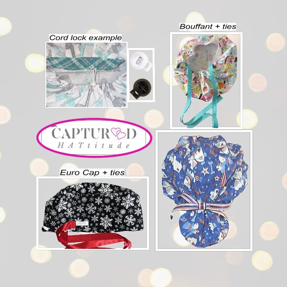 New Bouffant Scrub Cap Golden Bloom Medallions, Handmade - BW dots - Picture 7 of 8